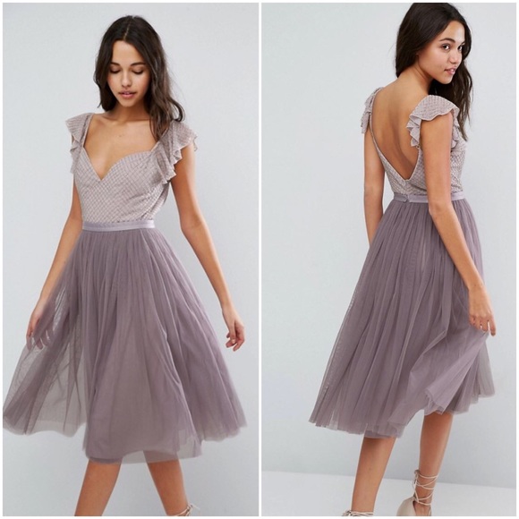 needle & thread embroidered tulle midi dress with cap sleeve in lavender